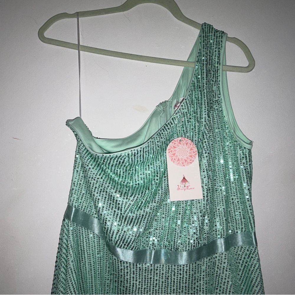 NWT One Shoulder Sequin Dress - Mint Green - Picture 3 of 7